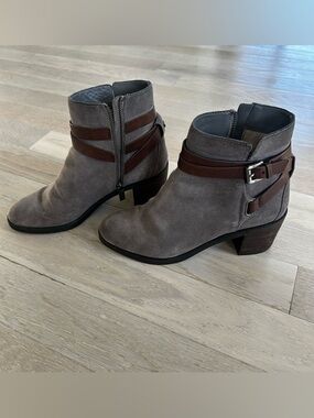 Michael Kors Gray Suede Ankle Booties with Brown Leather Straps